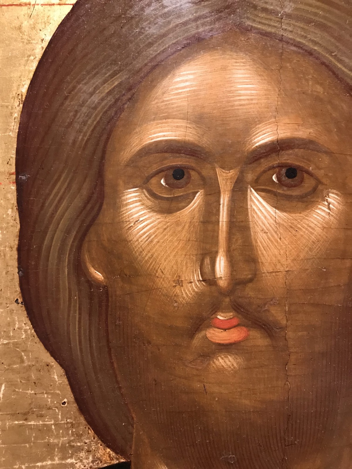 A close detail of the face of the Pantocrator icon