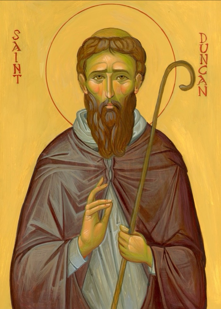 An icon of Saint Duncan showing the green undertones and warm lights